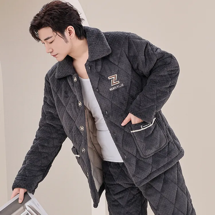 新款睡衣男珊瑚绒三层夹棉秋冬季加厚加绒款套装男士可外穿家居服