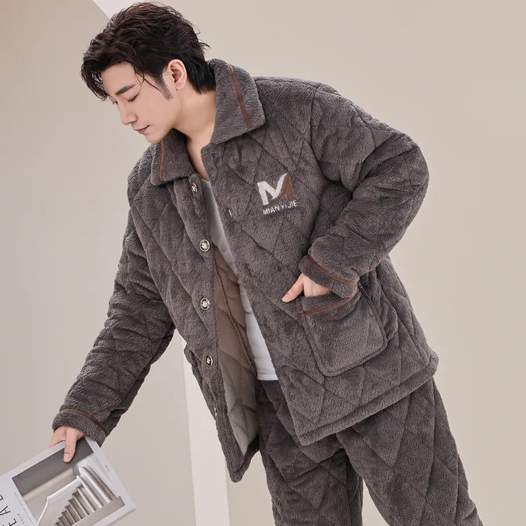 睡衣男士冬季冬天三层加厚夹棉袄加绒珊瑚绒冬款男大码家居服套装
