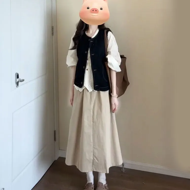 【现货】入秋一整套女装2025新款长袖衬衫牛仔马甲外套半身裙三件套