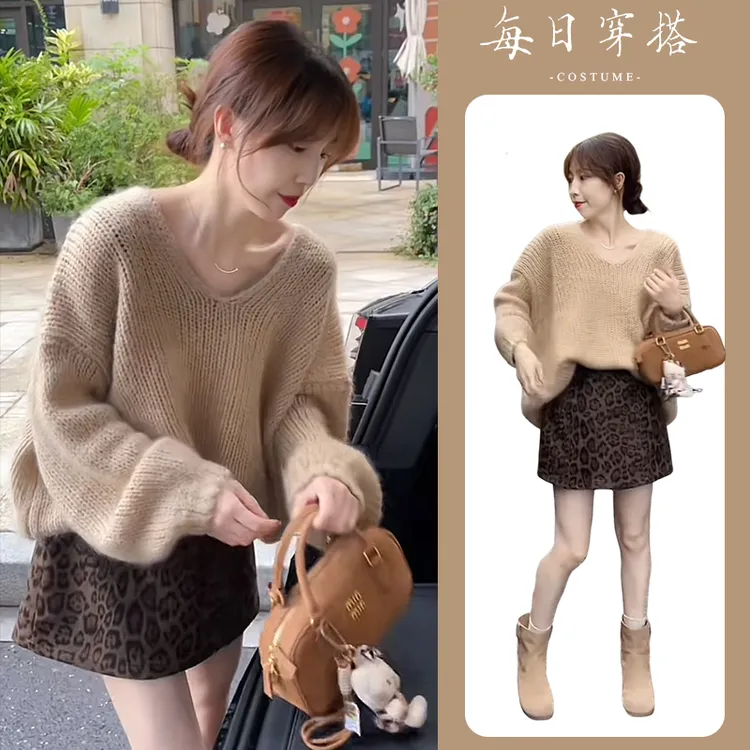 2024秋冬季新款一整套穿搭女气质V领慵懒风毛衣豹纹短裙两件套潮