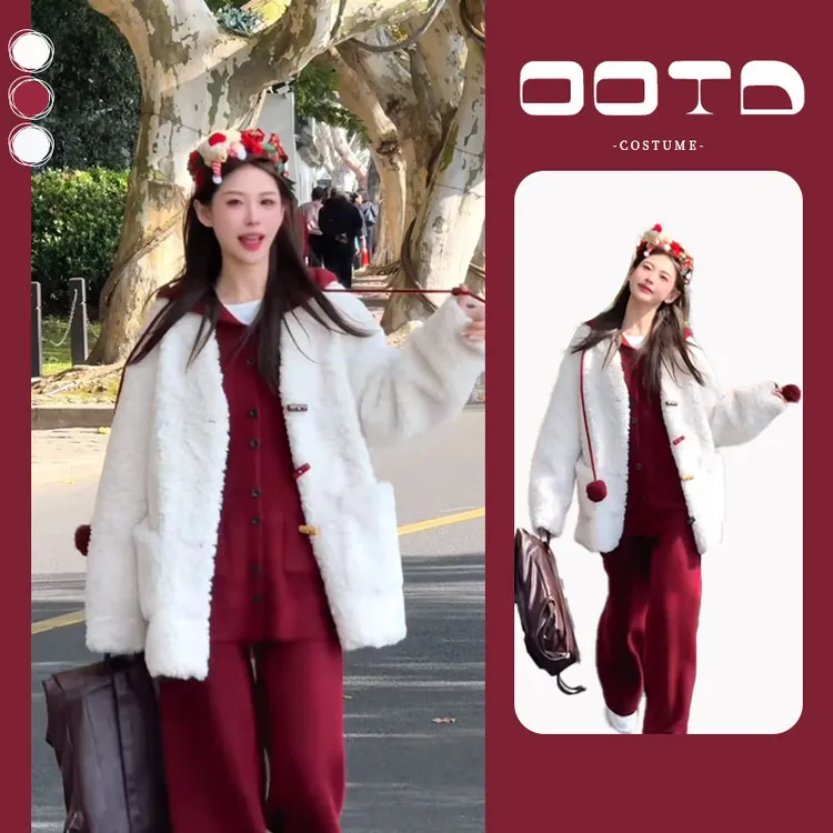 入秋一整套女装2024新款韩版宽松毛衣外套红色针织开衫长裤三件套