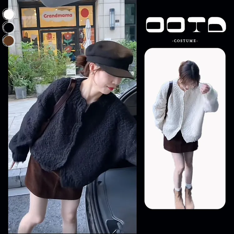 入秋一整套女装2024新款韩版休闲宽松针织开衫毛衣高腰短裙两件套