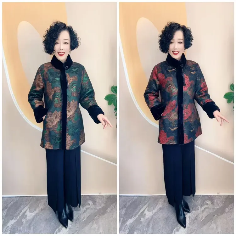 2906新款冬小立领烫金花中老年妈妈高品质中款厚外套，衣长80