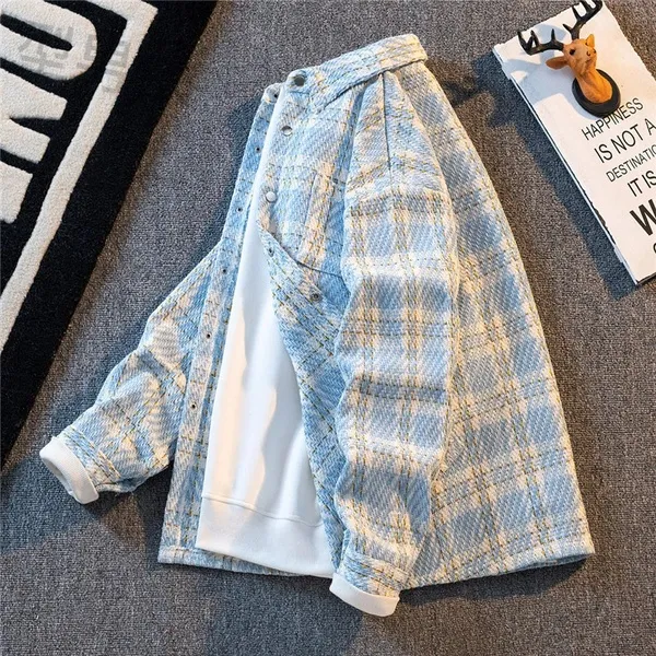 秋季格子小香风外套男士韩版潮流ins百搭春秋款夹克2023新款衬衫