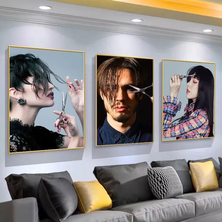 美发店墙面装饰品挂画带框理发店男女士造型图片海报发廊贴纸KT板