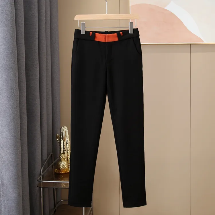 腰头拼接毛料休闲裤女士裤子秋冬厚款长裤通勤百搭显瘦高腰时尚