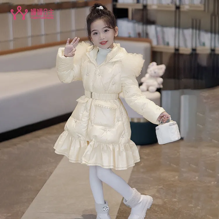 女童羽绒服冬季2025新款洋气公主花边中长款蕾丝连帽儿童冬装外套