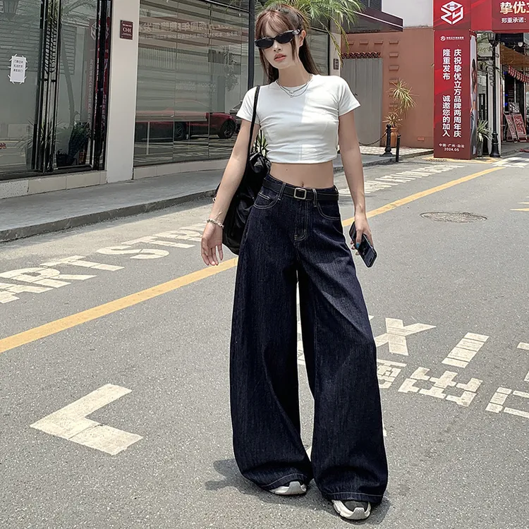 深蓝色宽松阔腿牛仔裤女直筒高腰显瘦牛仔裤遮肉拖地裤早春牛仔裤