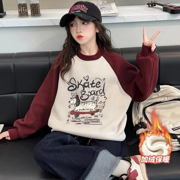 女童加绒卫衣2025新款秋冬装女大童网红上衣儿童女孩加厚打底衫潮