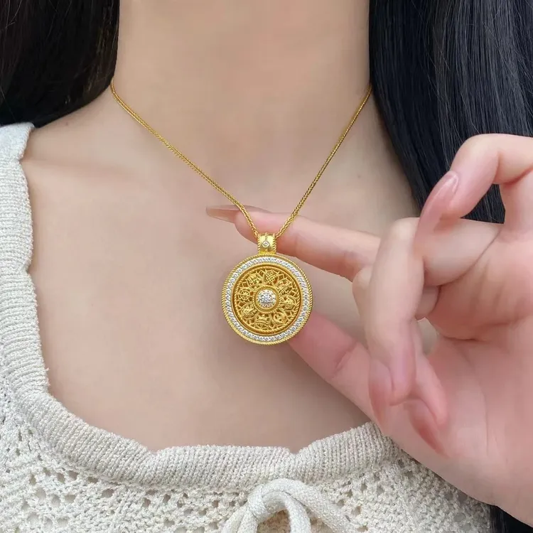 足金999可转动莫桑八宝罗盘黄金吊坠圆盘纯金项链按克情人节送礼