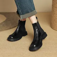 【NICESEE】3.5cm,秋冬复古圆头厚底手抓纹羊皮短靴女百搭切尔西靴