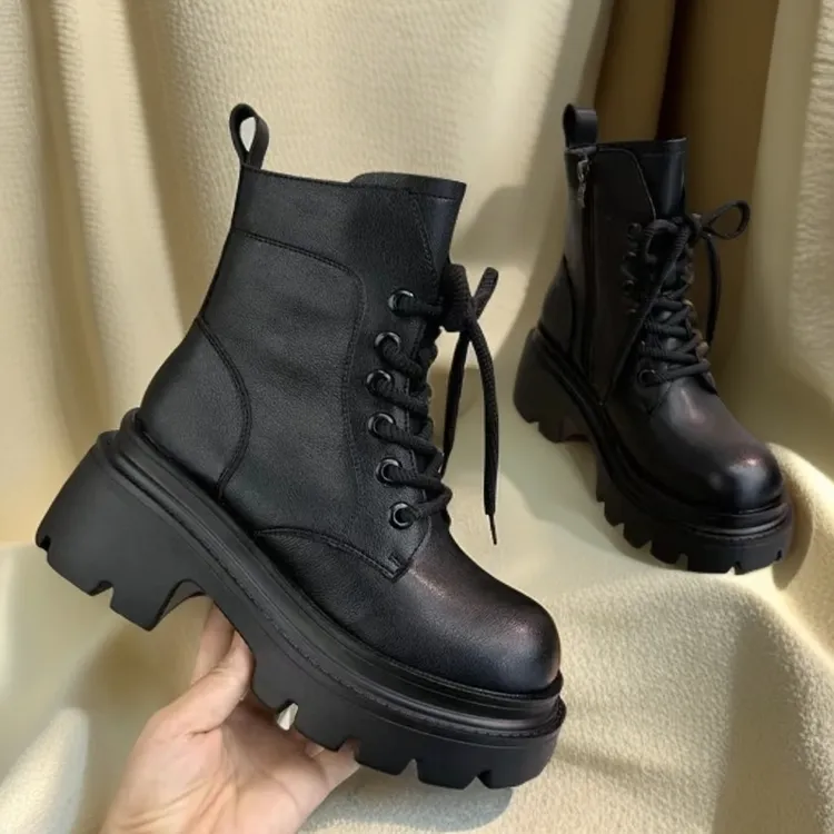 6公分厚底增高马丁靴女2024秋冬时尚复古加绒百搭黑色高帮瘦瘦靴