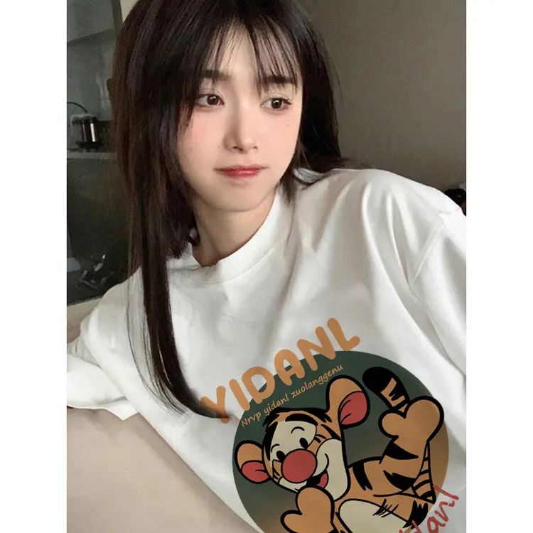 100%纯棉韩版正肩T恤衫女卡通老虎创意设计休闲上衣2024夏季短袖
