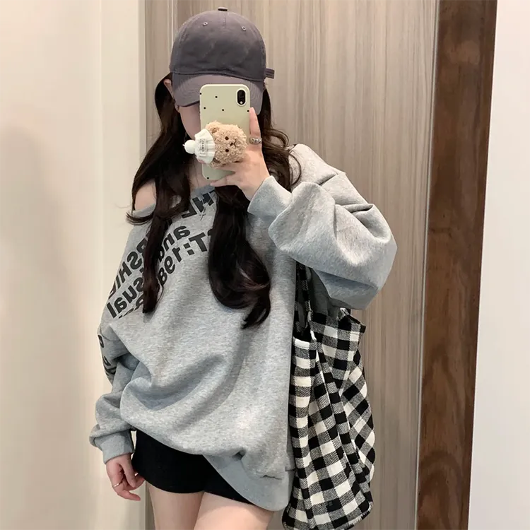 佐朗格奴春秋斜肩设计上衣女生复古薄款宽松辣妹穿搭新款潮牌卫衣
