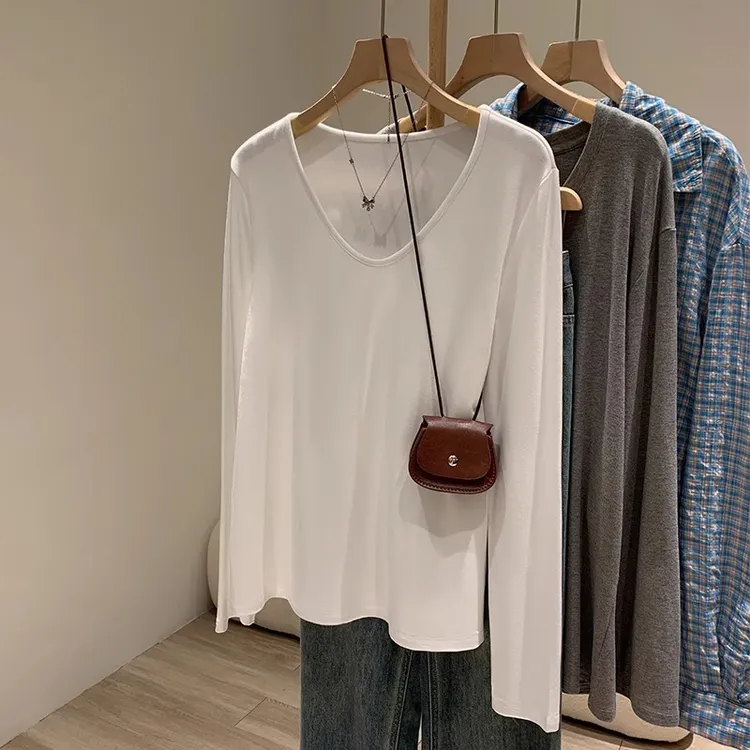 佐朗格奴长袖【两件装】慵懒风大V领口上衣女纯色百搭oversizet恤衫