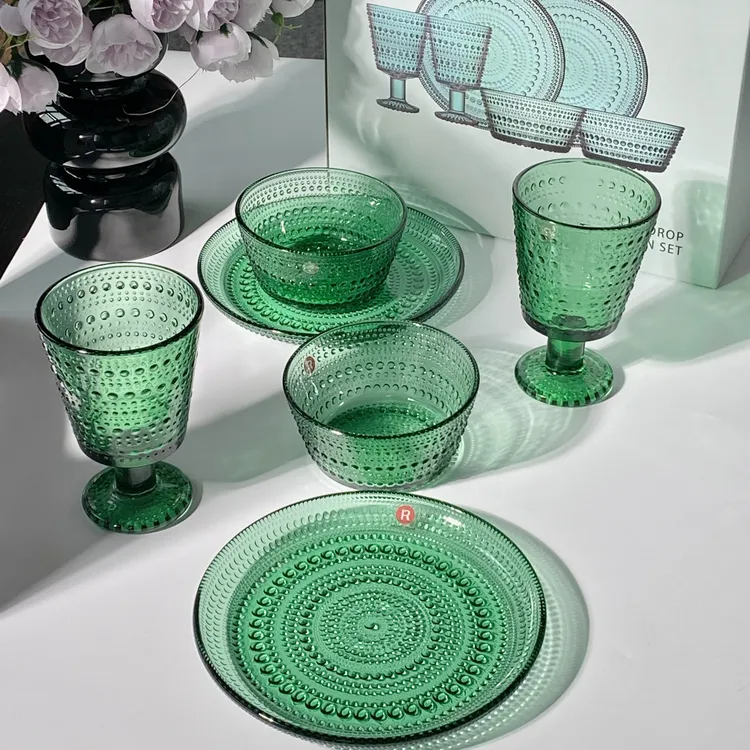 【礼盒装】露珠餐具套装墨绿珠点餐具绿色碗碟复古玻璃杯原色玻璃