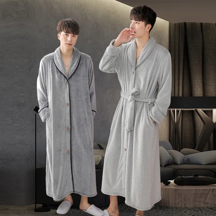 男士纽扣睡袍冬加厚长款连体睡衣加肥加大码浴袍男友用睡裙230斤