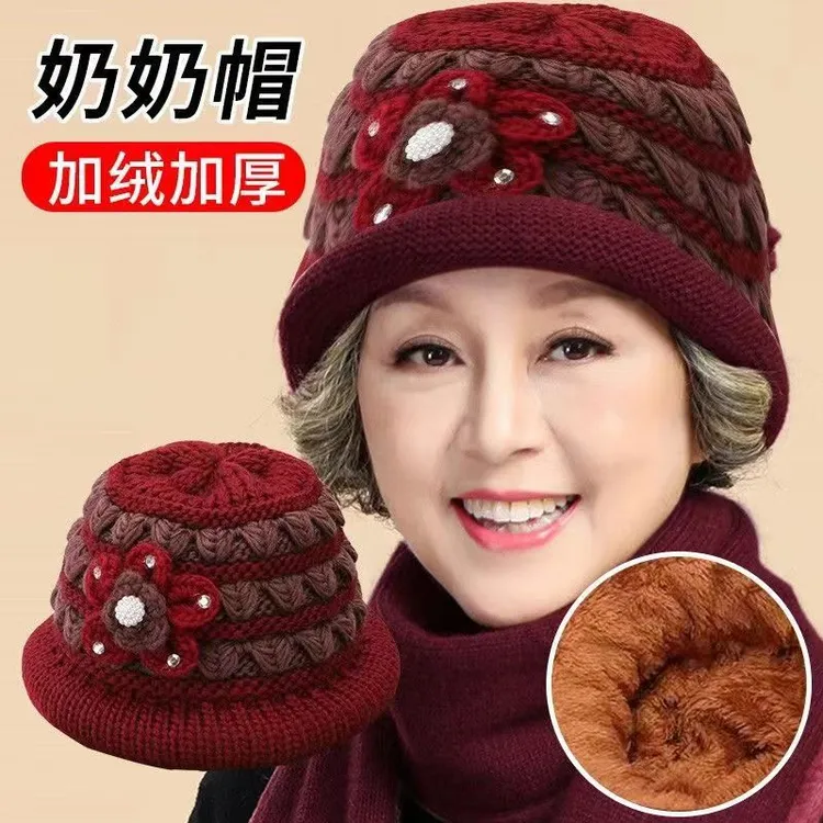 中老年保暖毛线渔夫帽冬季加厚加绒针织帽奶奶帽防寒盆帽老人帽