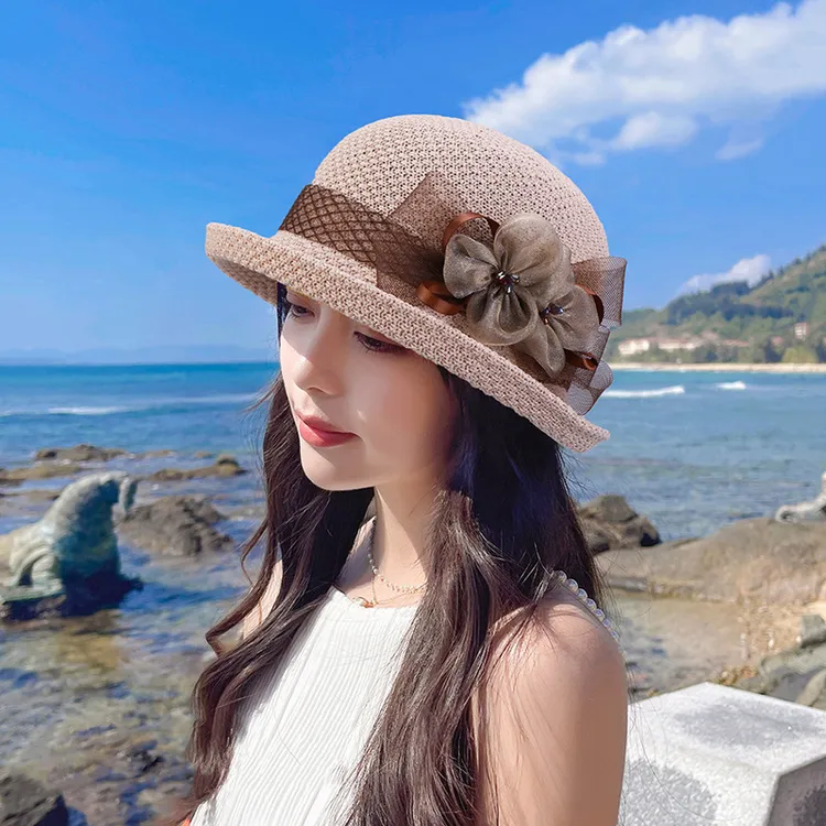 夏季新款翻边小圆帽韩版休闲轻便沙滩遮阳帽气质草帽丝带花朵礼帽