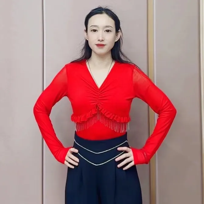 欢舞阁气质女士V领摩登双人舞吉特巴广场舞时尚长袖舞衣A0610