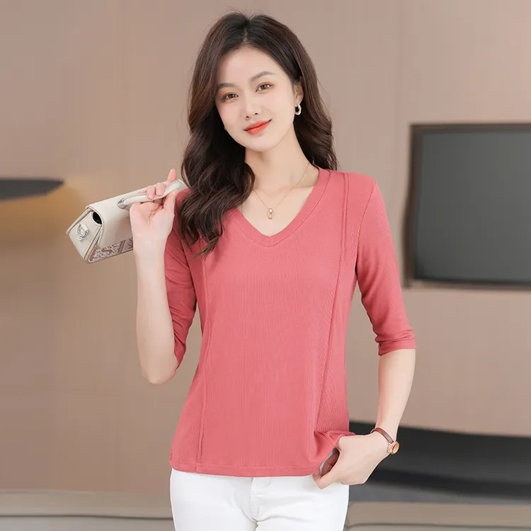 棉俏妃秋季新款胖mm显瘦200斤大码女装简约五分袖V领打底T恤衫女