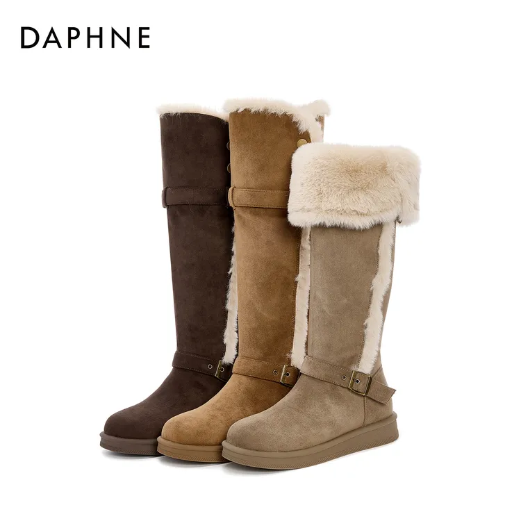 达芙妮2024年冬季新款过膝长筒靴时尚百搭爆款加绒保暖厚底雪地靴