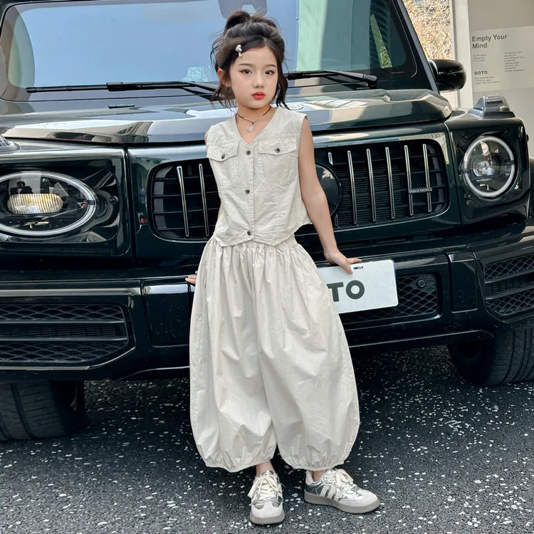女童夏季新款2025时髦背心女孩马甲阔腿裤两件套女生装休闲套装潮