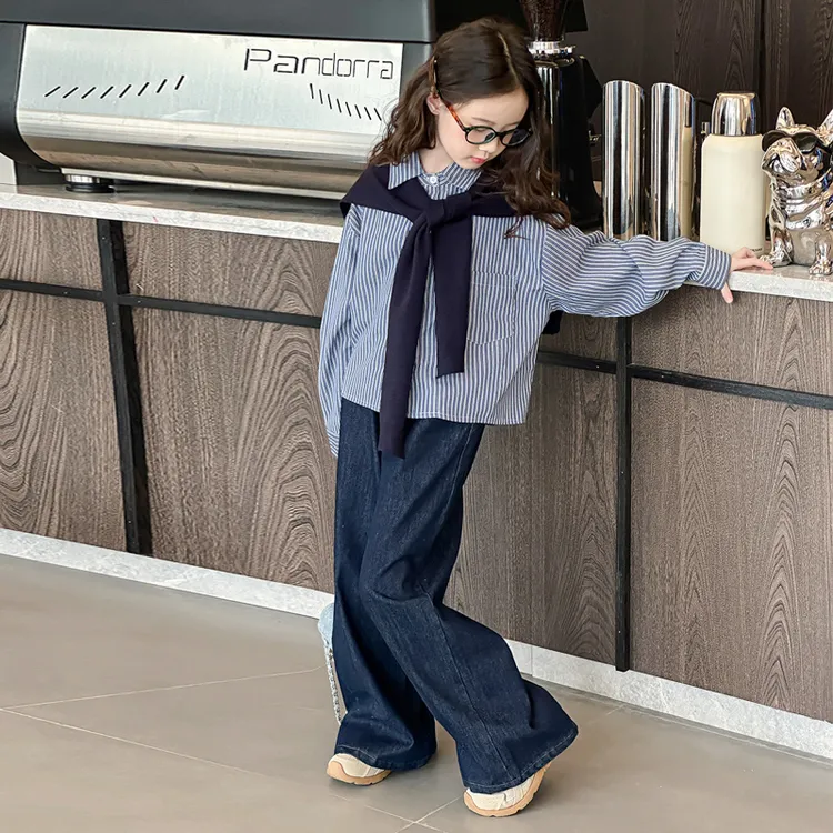女童秋装童装条纹衬衫披肩中大童文艺风休闲洋气阔腿裤8-12岁潮款