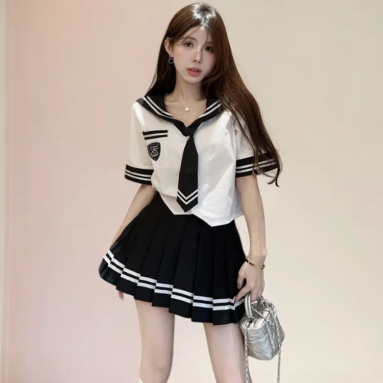 夏季新款网红小个子海军领衬衫百褶裙学院风jk制服日系套装工作服