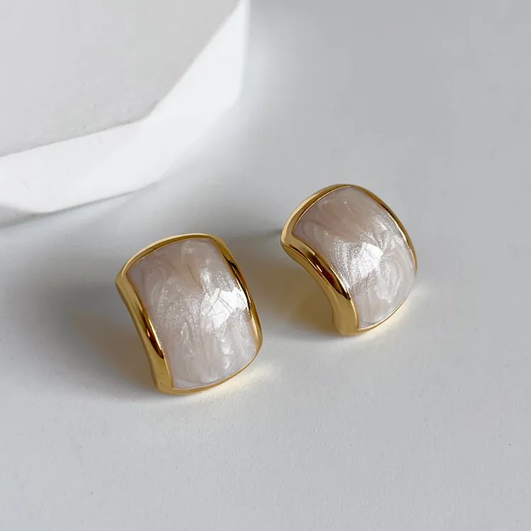 铜合金耳饰 s925银针白色滴釉耳钉法式简约气质耳环2025年火爆款