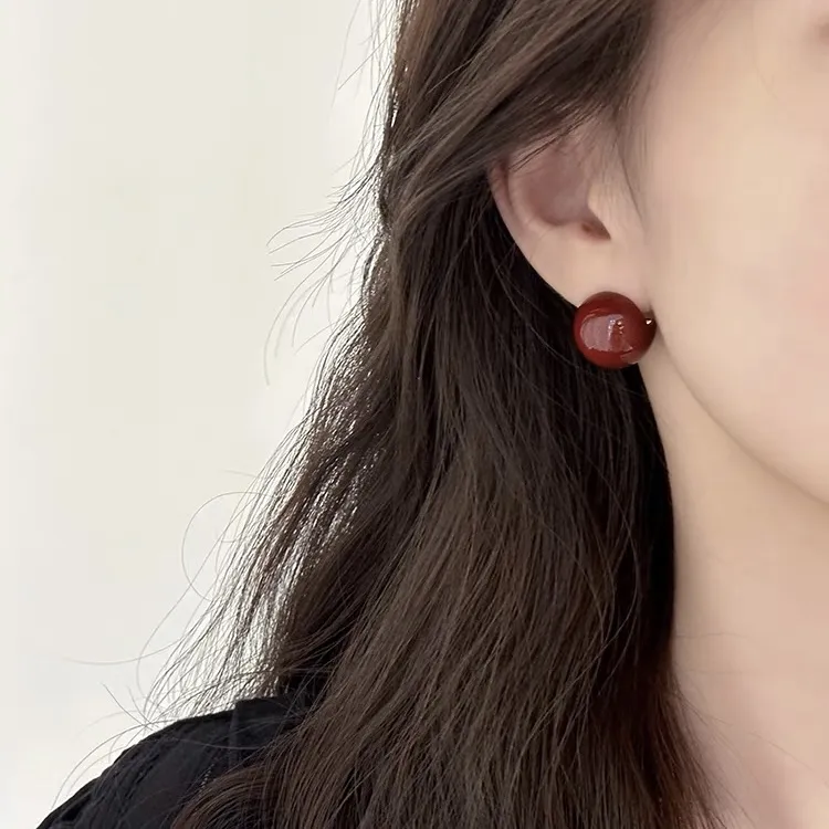 铜合金耳饰 s925银针小众设计圆球酒红色耳环ins法式复古气质耳饰