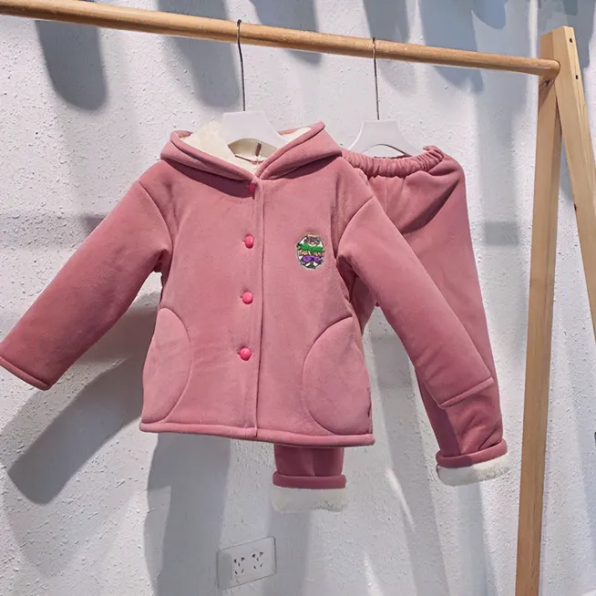 儿童家居服两件套】家墨特特奥丽绒加厚三层套装加绒冬天保暖连帽
