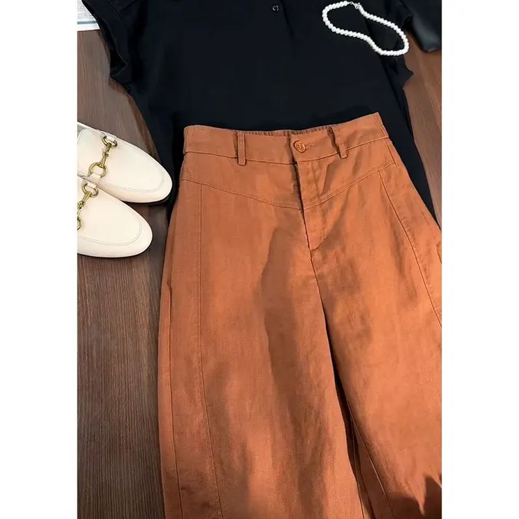 欧货轻奢美拉德高腰显瘦直筒裤焦糖色松紧腰时尚休闲阔腿裤女夏季