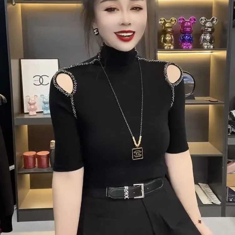欧货新款时尚重工露肩串珠T恤女夏季大码百搭显高级别致上衣小衫