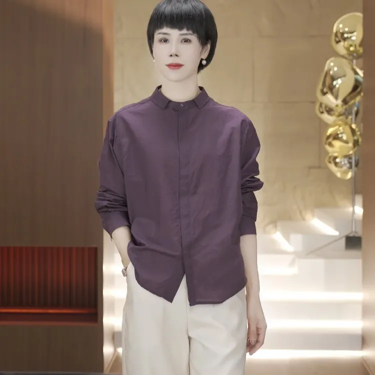 【渲渲推荐】CC-516秋季中式时尚花瓶领口休闲纯色紫色衬衣