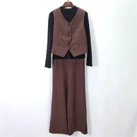 秋冬新款女装休闲马甲+长袖黑色t恤+长裤阔腿裤三件套T220