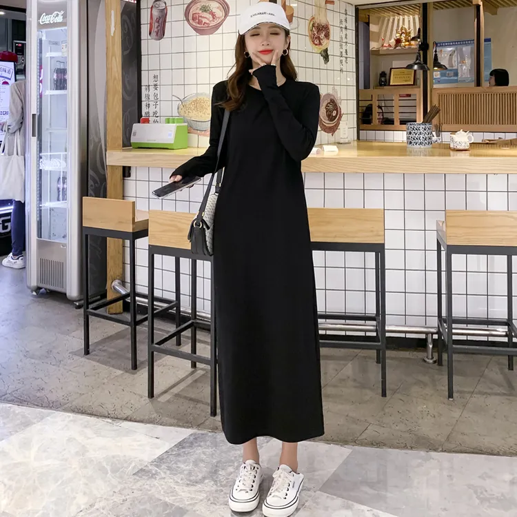 高级感气质减龄黑色连衣裙女秋季简约纯色A字长裙遮肉显瘦T恤裙子