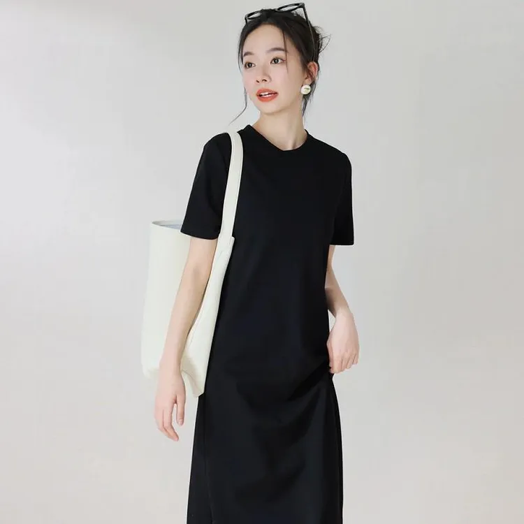 黑色宽松冰感连衣裙女韩版高级感气质显瘦遮肚过膝百搭大码裙春夏