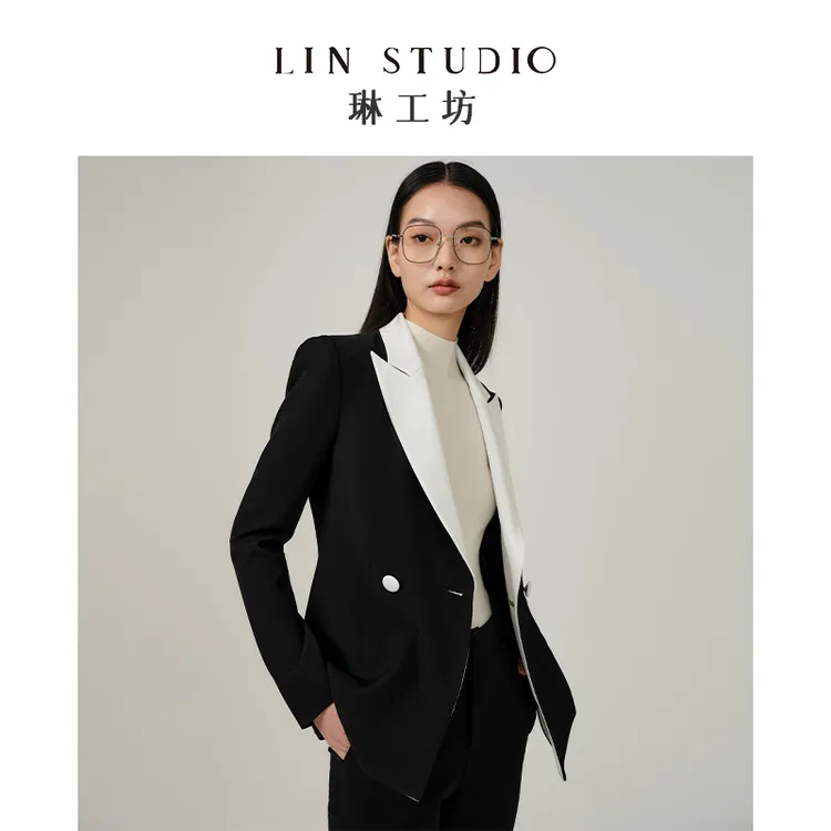 【外套】琳工坊堕影黑白撞色西服时尚职业修身气质唐琳设计师西服