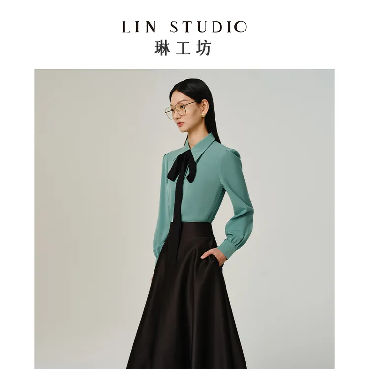 【醋酸 含飘带】琳工坊莎雨绿色衬衫气质时尚复古显瘦唐琳设计师