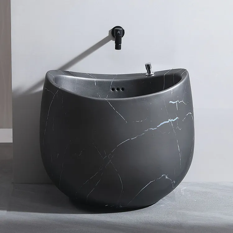 2024款灰色岩板纹蛋形陶瓷拖把池家用阳台拖把池落地式拖布池大号