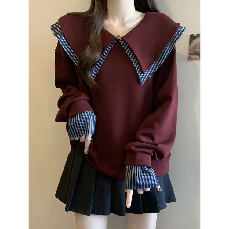 大码女装法式学院风娃娃领长袖卫衣女秋冬胖妹妹宽松显瘦减龄上衣