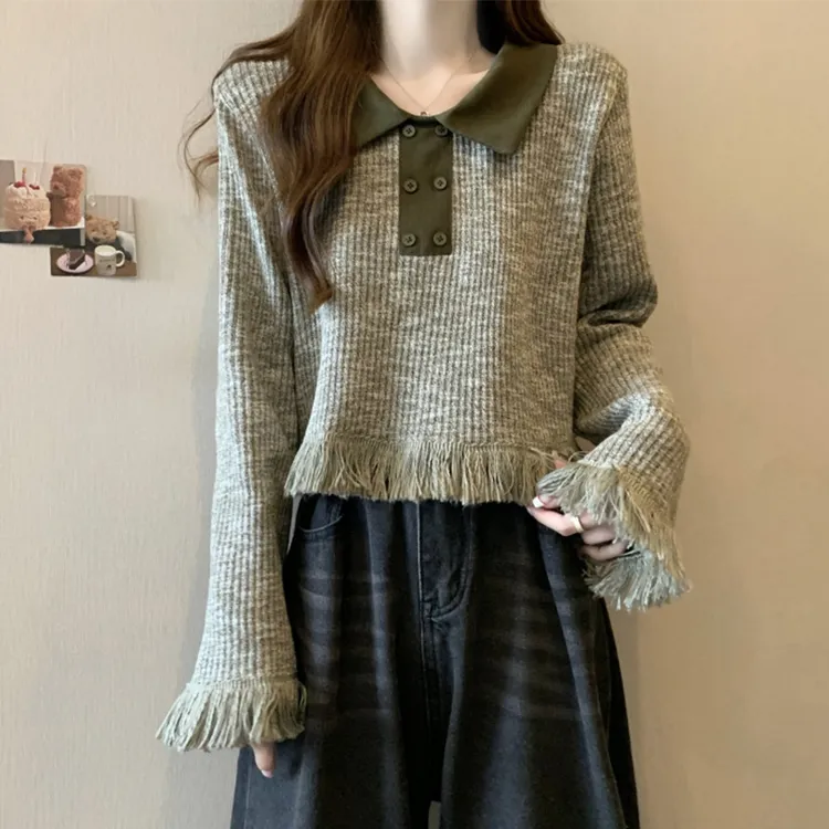 大码女装遮肚子复古流苏长袖针织衫女春秋胖妹妹显瘦小众别致上衣
