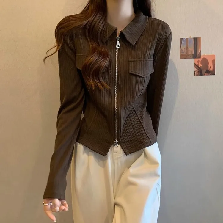 遮肚子翻领双拉链外套女春秋季微胖大码显瘦上衣洋气抗条长袖卫衣