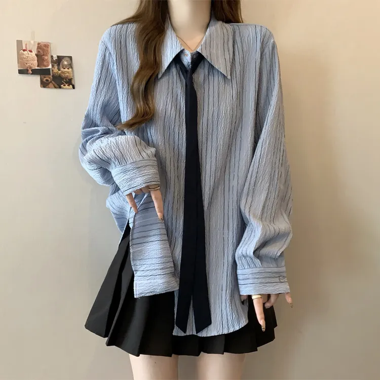 肌理感条纹宽松休闲领带单排扣衬衫上衣女秋季大码胖mm设计感小衫