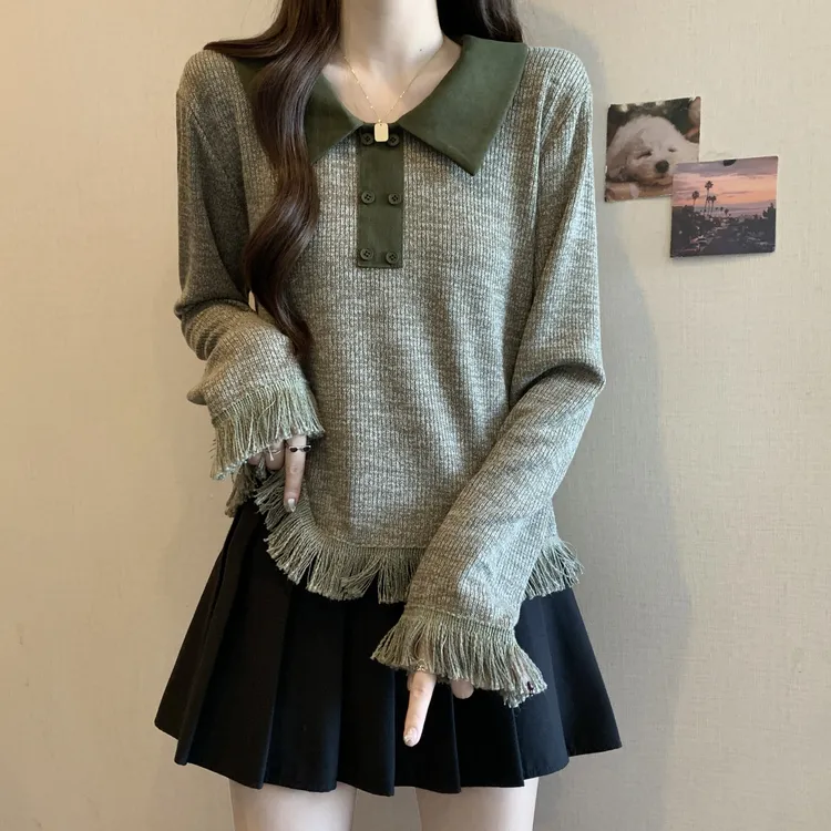 春秋新款大码polo领设计感流苏针织衫女微胖mm遮肚子显瘦撞色上衣