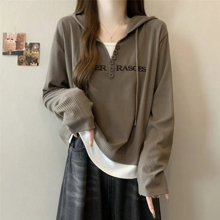 卫衣女假两件t恤春秋款胖mm大码女装拼接刺绣连帽遮肚子显瘦上衣