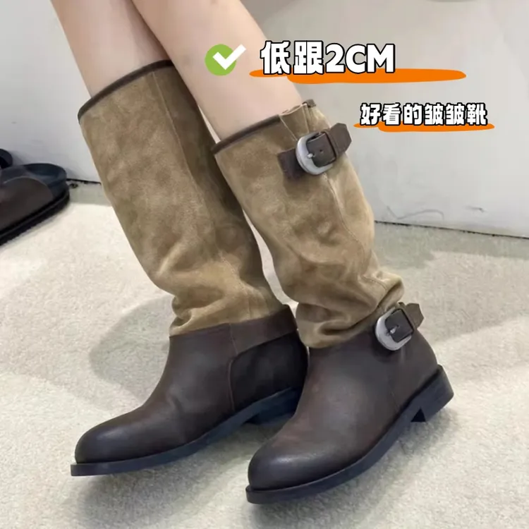 小众设计拼接皮金属皮带扣套筒长靴2024新款秋冬圆头低粗跟骑士靴