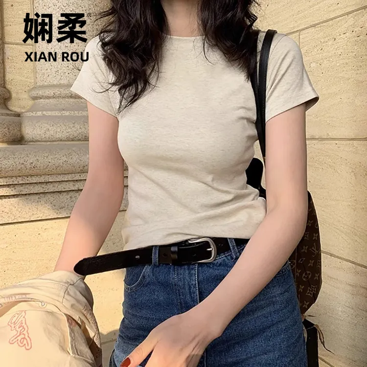 美式白色t恤女正肩短袖欧货2025年新款显瘦圆领棉质叠穿打底上衣