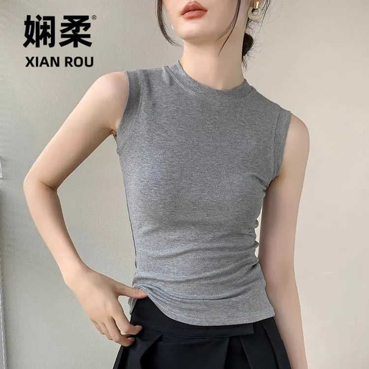 灰色背心打底衫女2025早秋圆领修身无袖T恤遮副乳西装内搭上衣薄